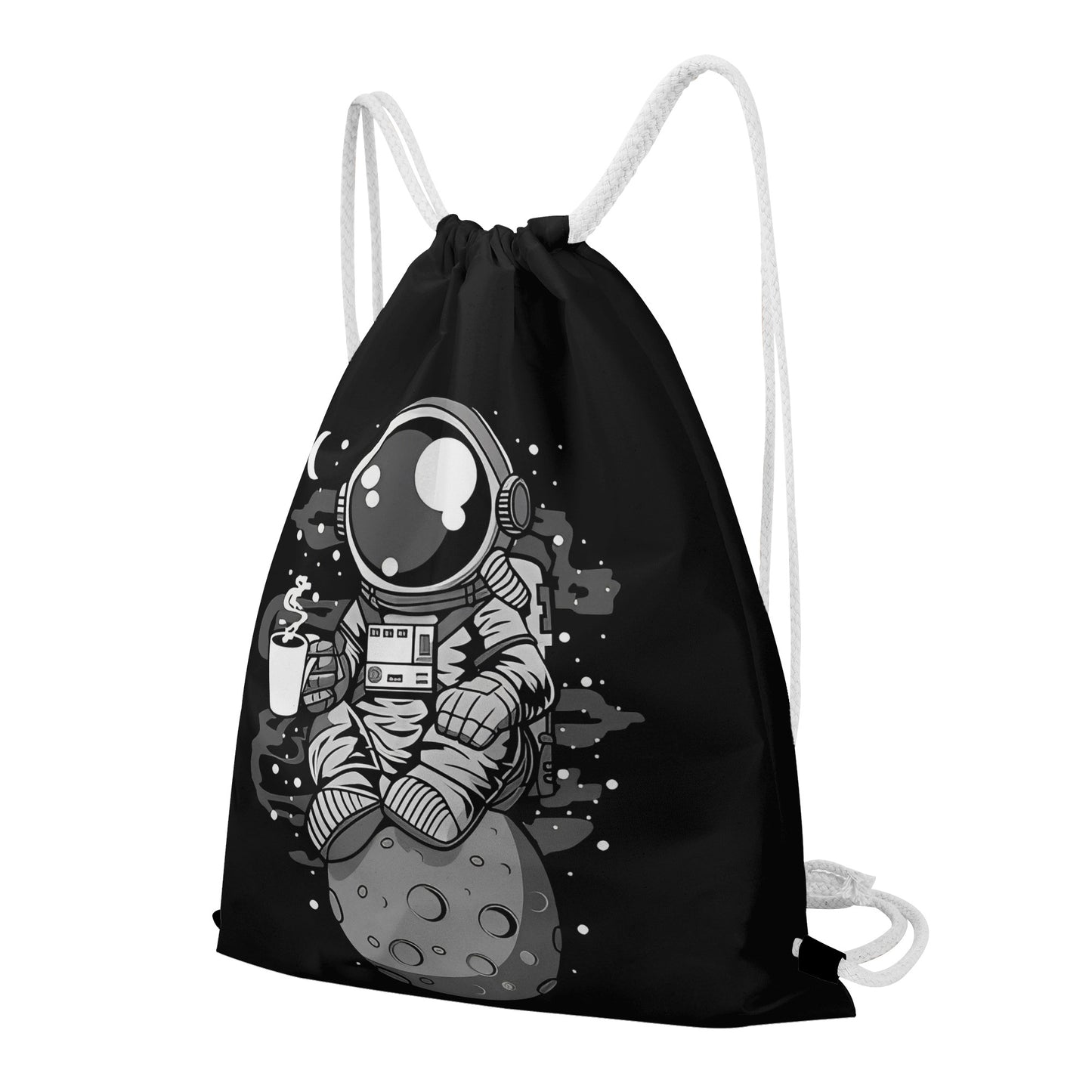 Bag Drawstring Astronaut on the Moon Drinking Coffee DrinkandArt