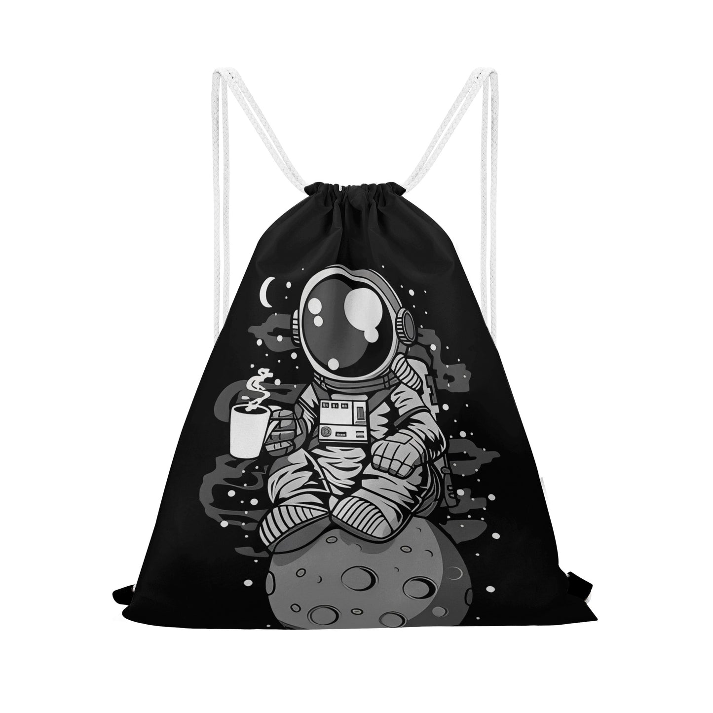 Bag Drawstring Astronaut on the Moon Drinking Coffee DrinkandArt