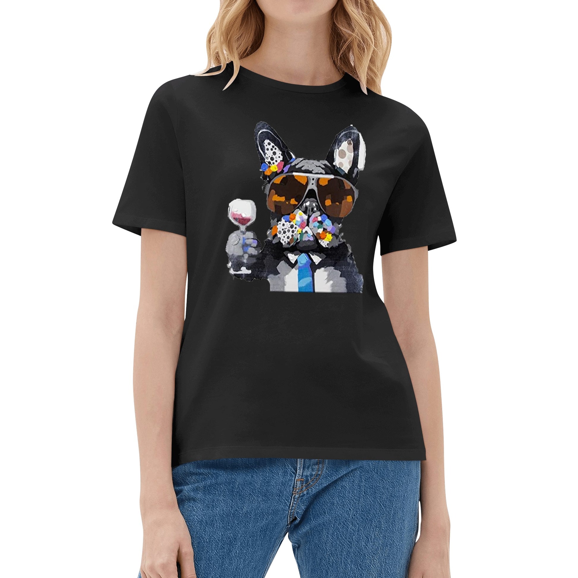 T-Shirt french bulldog drinking wine DrinkandArt