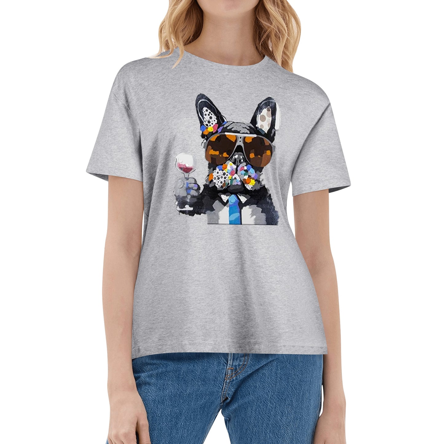 T-Shirt french bulldog drinking wine DrinkandArt