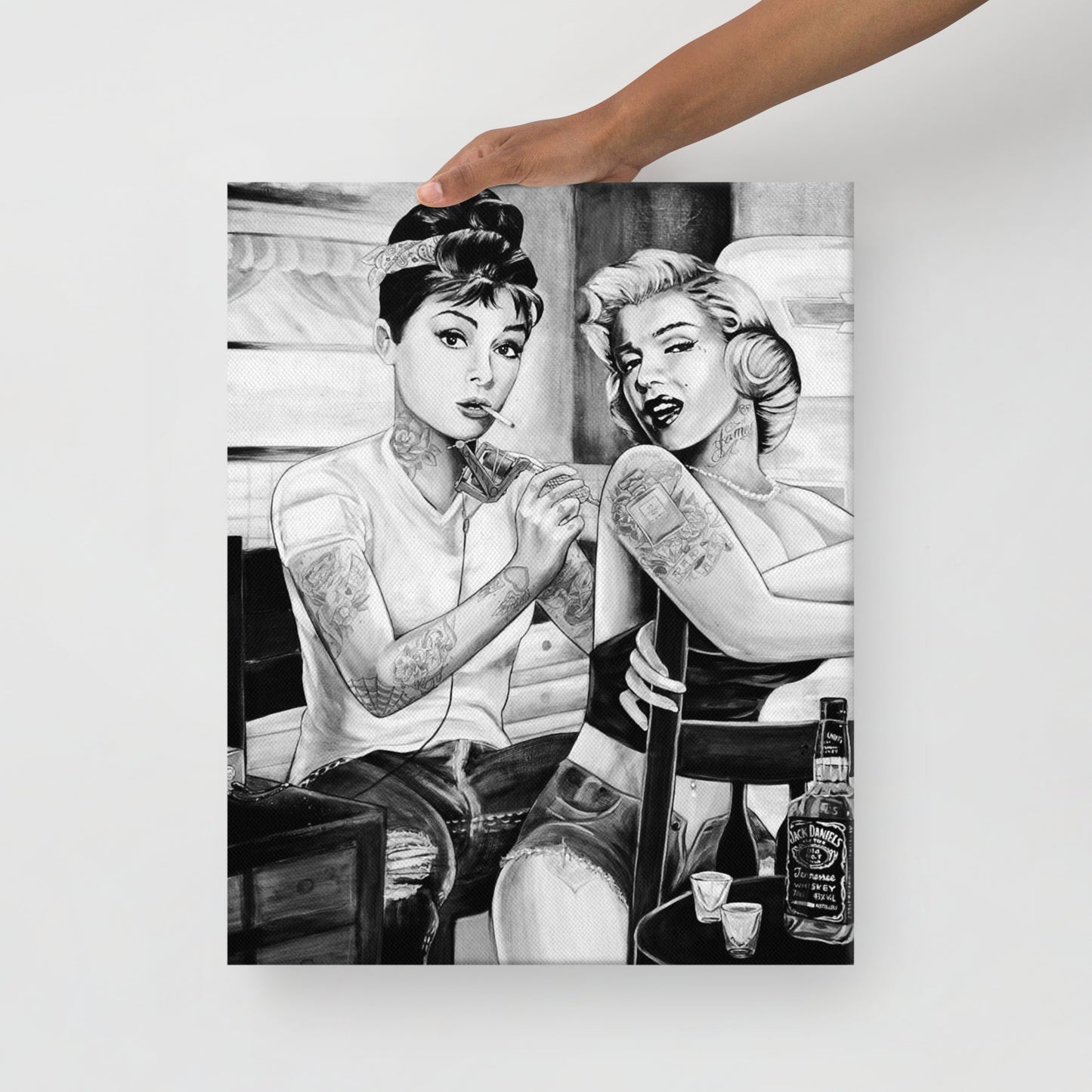 Thin canvas marilyn monroe and audrey hepburn with jack bottle DrinkandArt