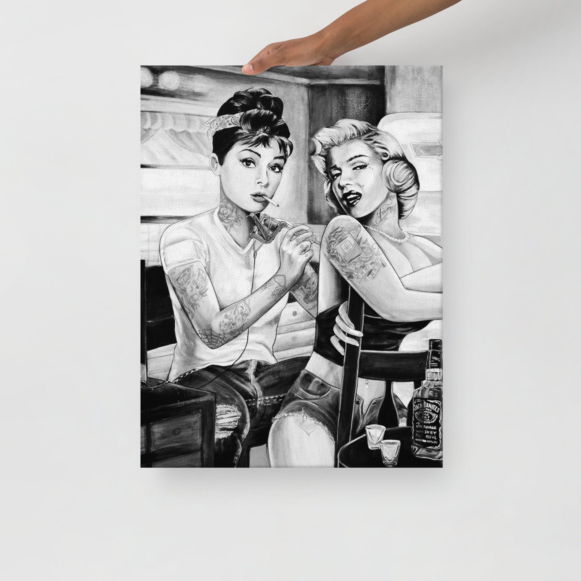 Thin canvas marilyn monroe and audrey hepburn with jack bottle DrinkandArt